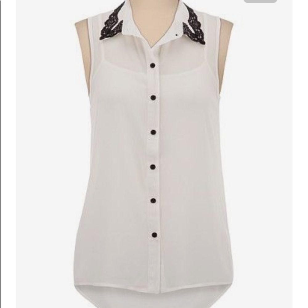Sheer White Sleeveless Shirt w/t Black Lace Collar